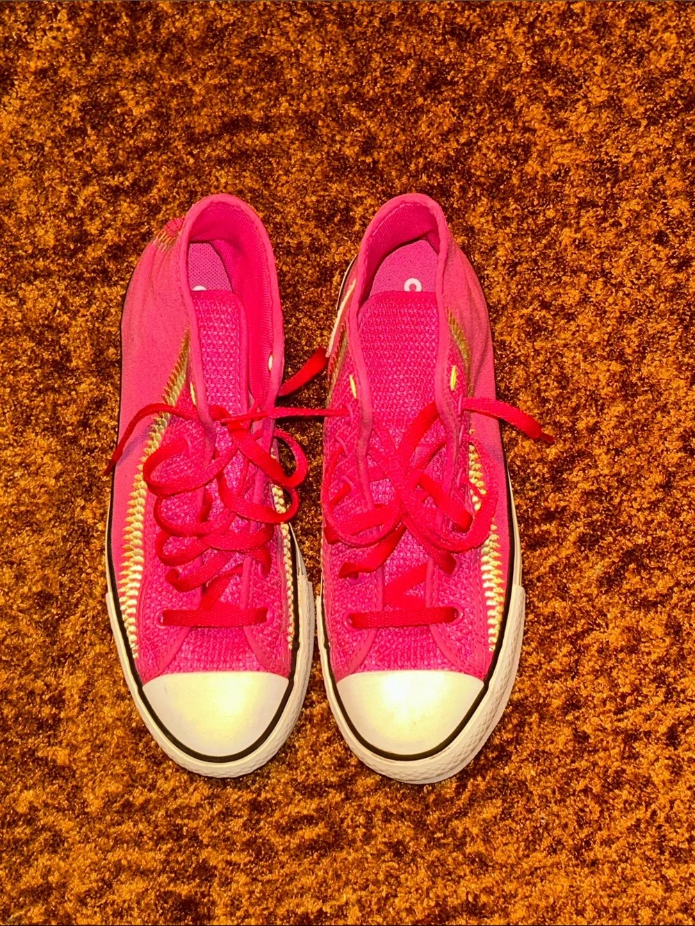 Converse Kids High-Top Sneakers in Hot Pink with Yellow Stitching